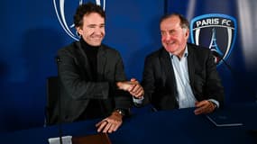 Antoine Arnault et Pierre Ferracci après le rachat du Paris FC par la famille Arnault, le 20 novembre 2024