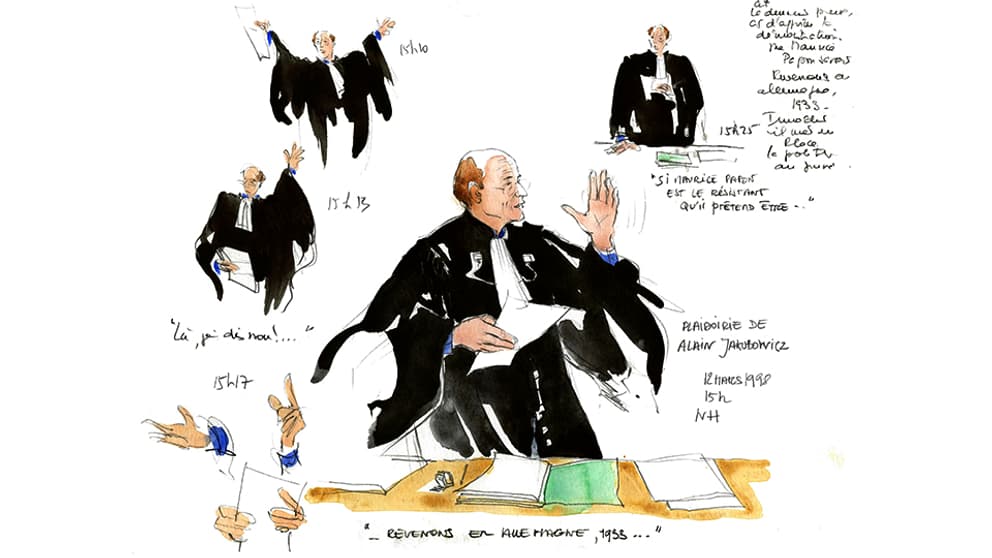 "Il m’est arrivé de faire des pages à moitié remplies de mains parce qu'à ce moment là, c'est la main qui raconte." Dessin du procès Papon, en 1998.