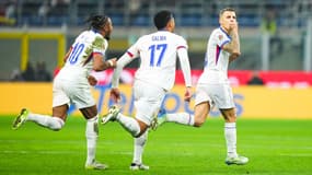 La célébration de Lucas Digne après son coup franc avec l'équipe de France en Ligue des nations, 17 novembre 2024