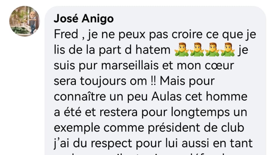 Le commentaire de José Anigo sous un post Facebook de l'ancien agent d'Hatem Ben Arfa, après la sortie de ce dernier sur Aulas, le 8 août 2023. Le commentaire de José Anigo sous un post Facebook de l'ancien agent d'Hatem Ben Arfa, après la sortie de ce dernier sur Aulas, le 8 août 2023.