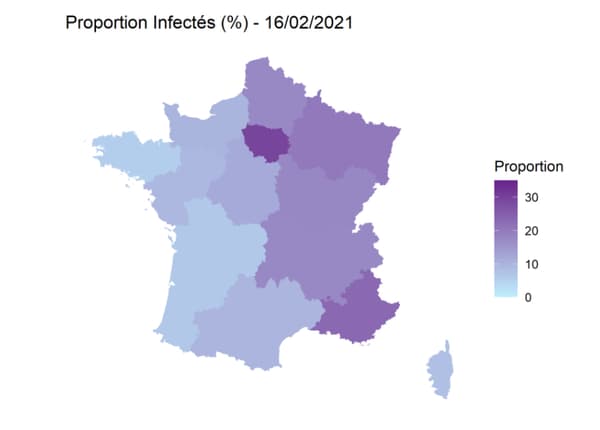 Estimations les plus récentes de la proportion de la population au-dessus de 20 ans ayant été infectée par SARS-CoV-2 dans les différentes régions de France métropolitaine, au 16 février Estimations les plus récentes de la proportion de la population au-dessus de 20 ans ayant été infectée par SARS-CoV-2 dans les différentes régions de France métropolitaine, au 16 février