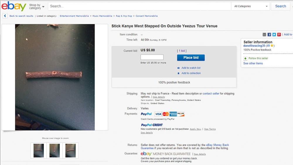 Un petit bout de bois foulé par Kanye West, en vente sur eBay... Un petit bout de bois foulé par Kanye West, en vente sur eBay...