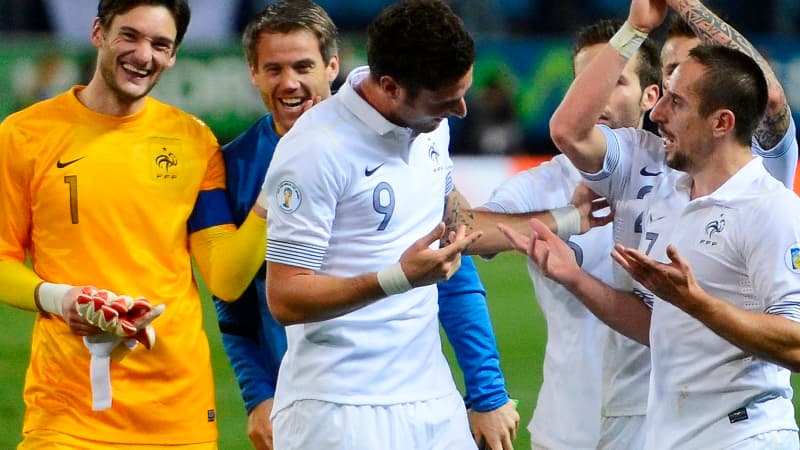 La joie des Bleus après le match nul en Espagne