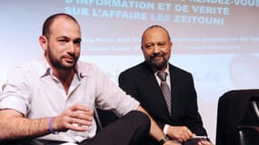 Itzik Zeitouni, le père de Lee Zeitnou, et le petit ami de la jeune femme, Roï Peled, lors d'un point presse à Paris, le 6 février 2012.