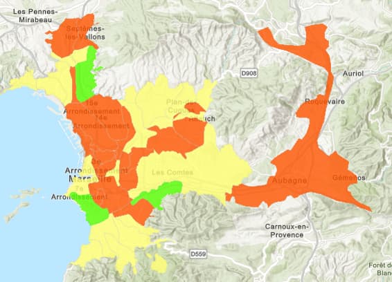 La carte de concentration des eaux usées en Covid-19 à Marseille le 20 juin 2022.