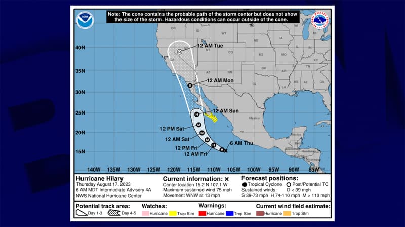 La trajectoire probable de l'ouragan Hilary, au soir du 17 août 2023, selon le Centre américain de météorologie