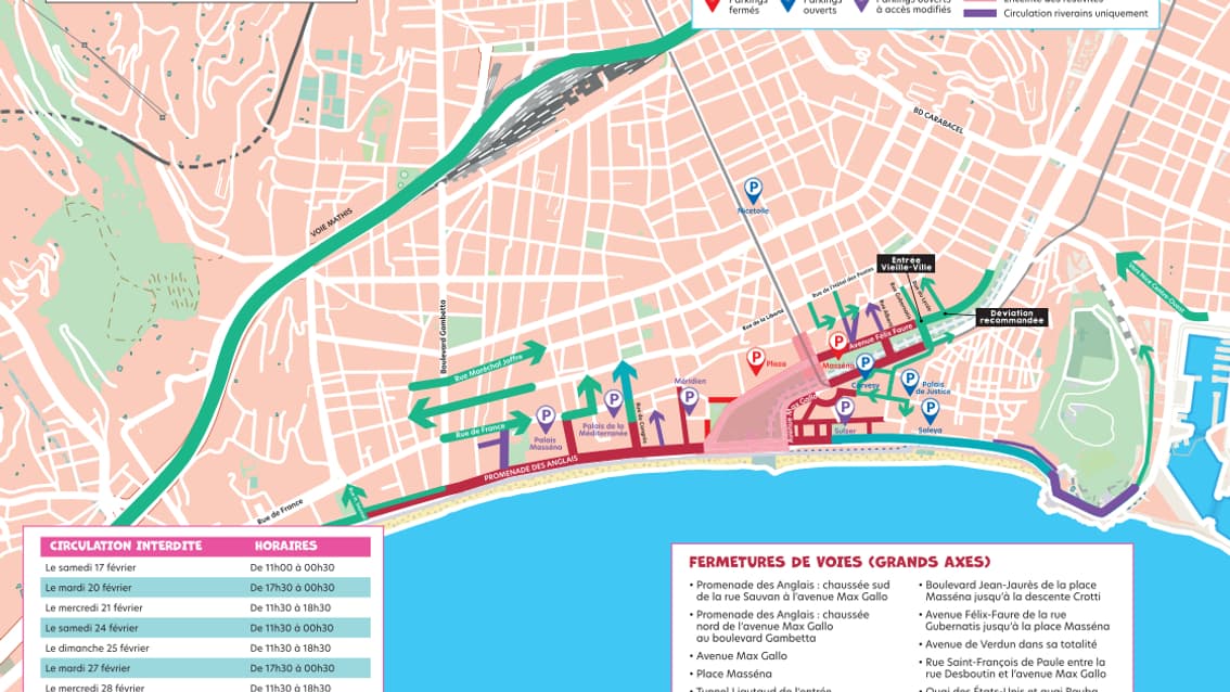 La promenade des Anglais sera régulièrement fermée à la circulation durant le carnaval de Nice. La promenade des Anglais sera régulièrement fermée à la circulation durant le carnaval de Nice.