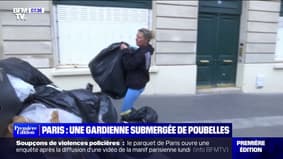 Grève des éboueurs: une gardienne d'immeuble parisien submergée de poubelles