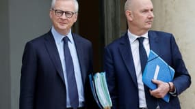 Les ministres de l'Economie, Bruno Le Maire (G), et de l'Industrie, Roland Lescure (D), à l'Elysée à Paris, le 22 mars 2023 