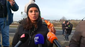 Karine Le Marchand, l'animatrice de L'Amour est dans le Pré, sur un blocage d'agriculteurs sur l'A4, à Joissigny (Seine-et-Marne), le 29 janvier 2024. 