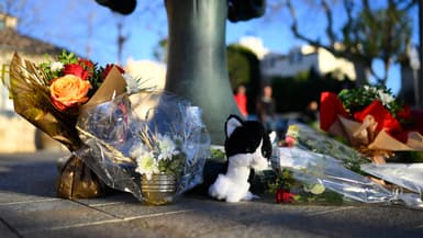 Des fleurs en hommage à Brigitte Bardot au pied de sa statue à Saint-Tropez, le 28 décembre 2025