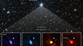 Cette image annotée obtenue de la NASA le 2 septembre 2022 montre une image directe du télescope spatial James Webb d'une planète située en dehors de notre système solaire.