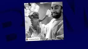 Un nouveau-né arrache le masque chirurgical du gynécologue libanais Dr Samer Cheaib, à Dubaï. 