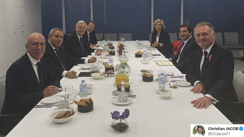 Le petit-déjeuner du 19 octobre entre candidats au Congrès LR, autour de Christian Jacob.