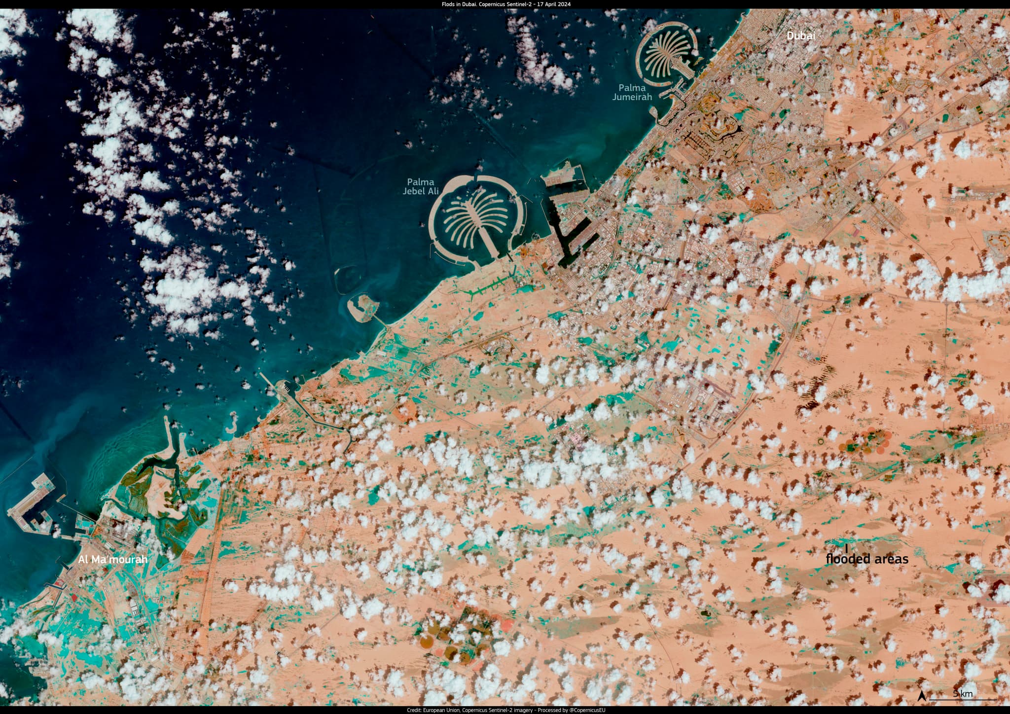 L'image satellite des Émirats arabes unis après de graves inondations, le 17 avril 2024.