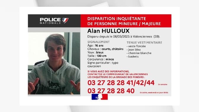 Alan Hulloux, un adolescent de 16 ans, a disparu depuis le mois de mai à Valenciennes
