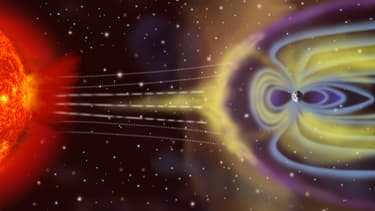 Interaction des particules solaires avec la magnétosphère terrestre. (vue d'artiste)
