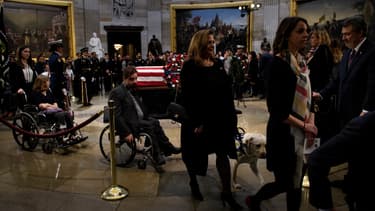 Des vétérans et l'ancien chien guide de Goerge H.W. Bush près du cercueil de l'ancien président des Etats-Unis, le 4 décembre 2018 au Capitole à Washington.