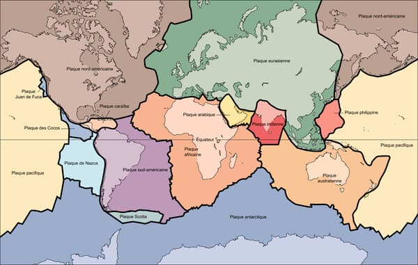 Les plaques tectoniques représentées sur un planisphère 