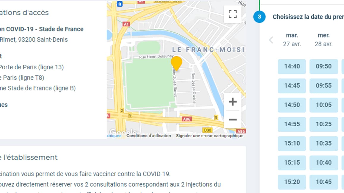 Les créneaux de réservation disponibles sur Doctolib pour le stade de France.