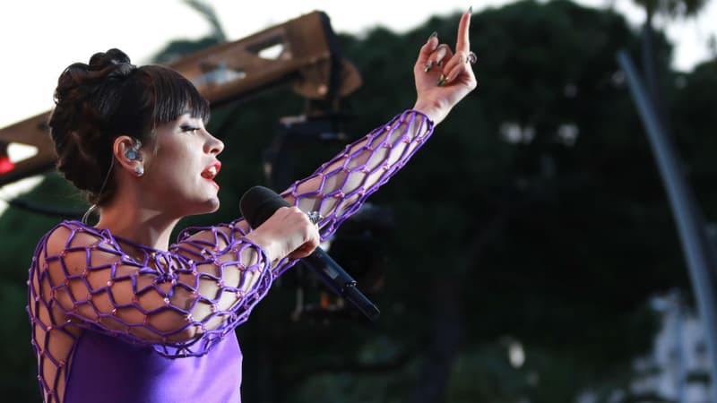 Un doigt d'honneur brandi par la chanteuse Lily Allen lors d'un concert durant le Festival de Cannes en 2014
