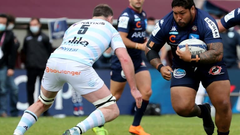 Le pilier néo-zélandais de Bordeaux-Bègles, Benjamin Tameifuna, face au 2e ligne irlandais du Racing 92, Donnacha Ryan, lors du quart de finale de la Coupe d'Europe, le 11 avril 2021 au Stade Chaban-Delmas à Bordeaux