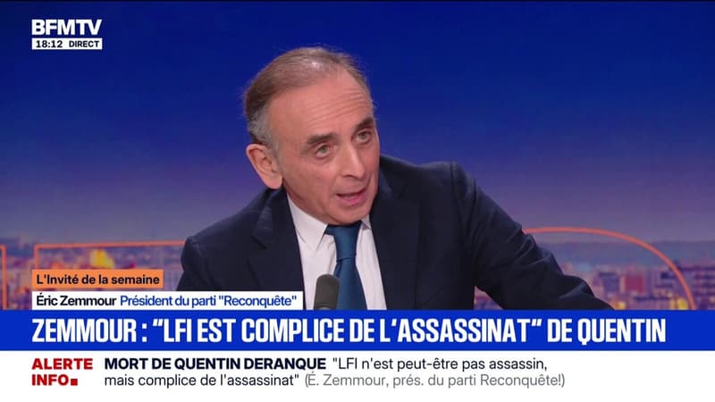 Mort de Quentin Deranque: pour Éric Zemmour (Reconquête), "la Jeune Garde a tué et a été adoubée par Jean-Luc Mélenchon"