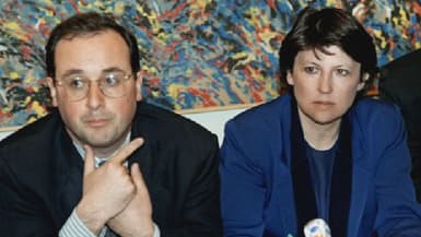 Martine Aubry et François Hollande donnent une conférence de presse commune en 1993 à l'Assemblée Nationale, 