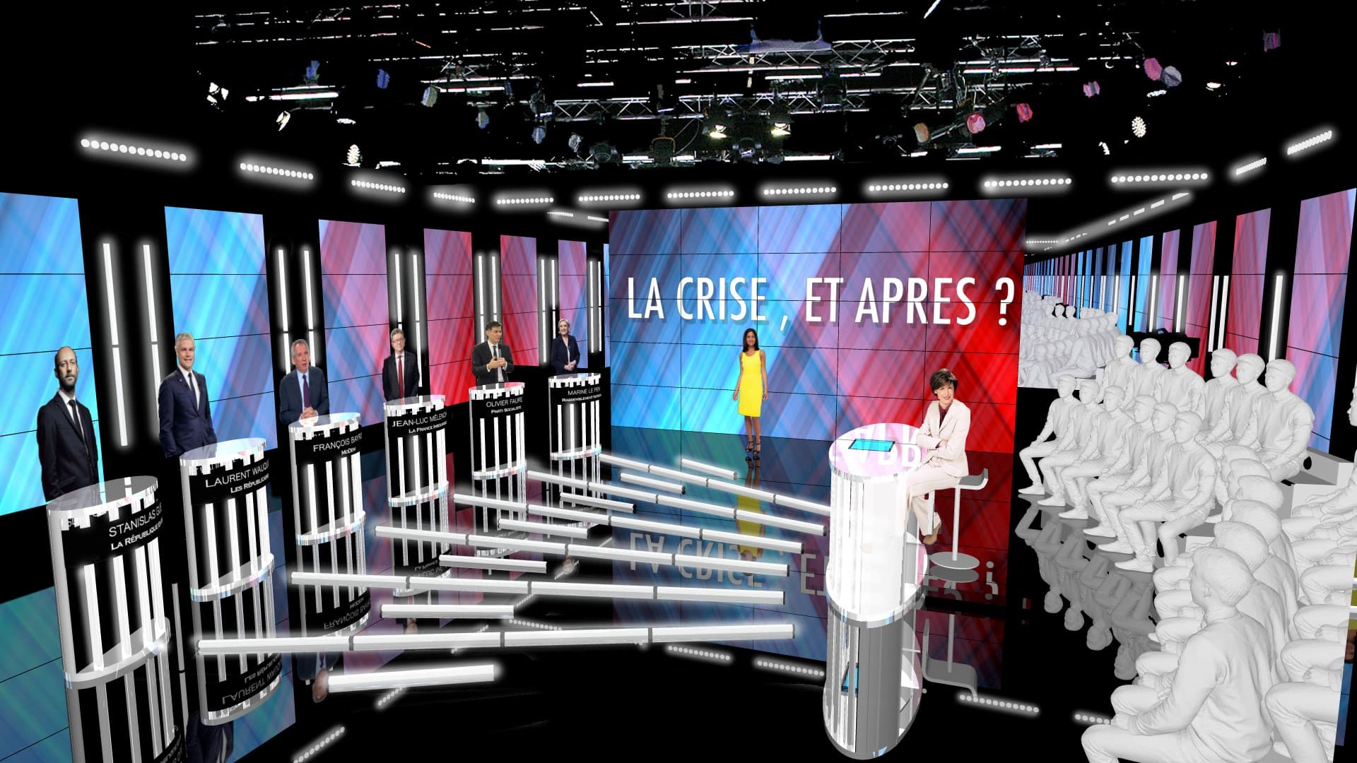 Le plateau de BFMTV pour le débat "La crise, et après ?". Le plateau de BFMTV pour le débat "La crise, et après ?".