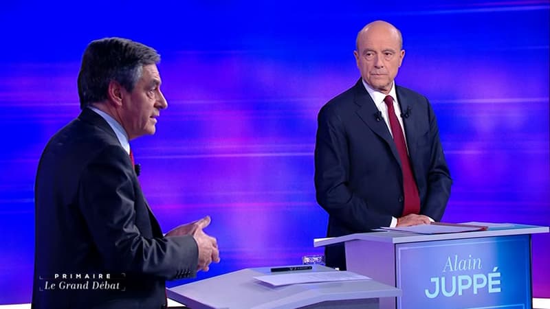 Alain Juppé et François Fillon, lors du dernier débat de la primaire de la droite, retransmis sur TF1 et France 2, le 24 novembre 2016.