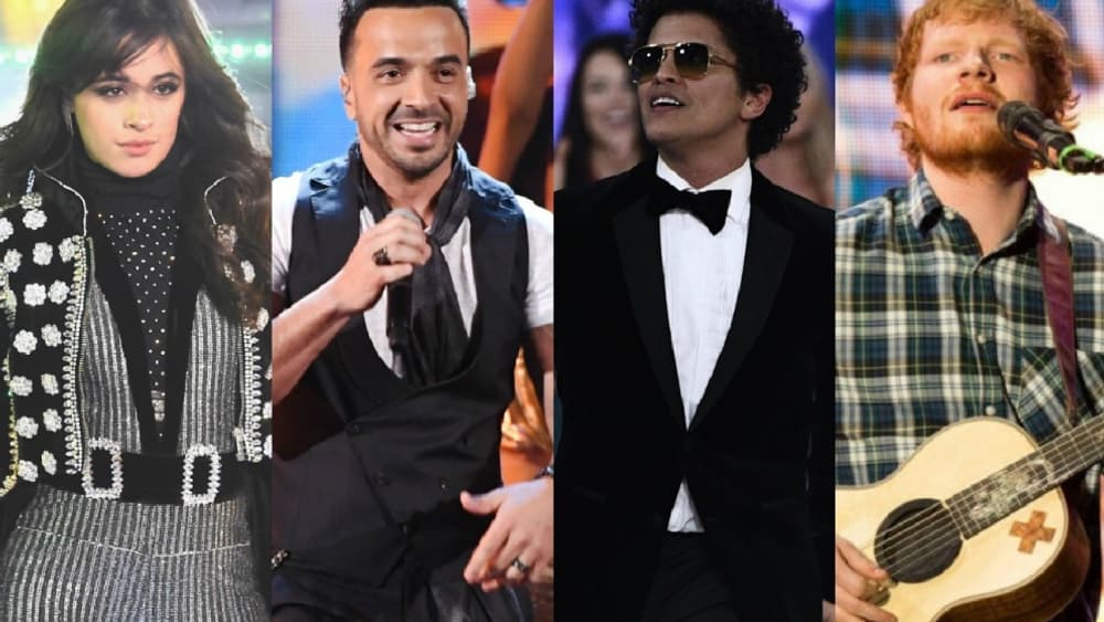 Camila Cabello, Luis Fonsi, Bruno Mars et Ed Sheeran font partie des artistes les plus écoutées le soir du 31 décembre. Camila Cabello, Luis Fonsi, Bruno Mars et Ed Sheeran font partie des artistes les plus écoutées le soir du 31 décembre.