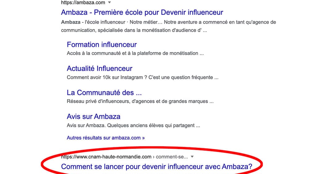 Capture d'écran des résultats Google liés au site Ambaza Capture d'écran des résultats Google liés au site Ambaza