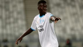 Le milieu de terrain sénégalais de Marseille, Pape Gueye, lors du match de la 25e journée de Ligue 1 contre Bordeaux, , le 14 février 2021 au Matmut Atlantique Stadium