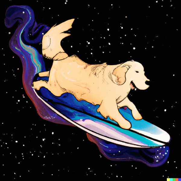 “A golden retriever on a surfboard in space, riding a nebulae”, via Dall-E