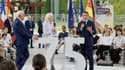 Le président français Emmanuel Macron (2eD) et son holomogue allemand Frank-Walter Steinmeier (G) participent à la "Fête de la démocratie" qui célèbre le 75e anniversaire de la Constitution allemande d'après-guerre, le 26 mai 2024 à Berlin