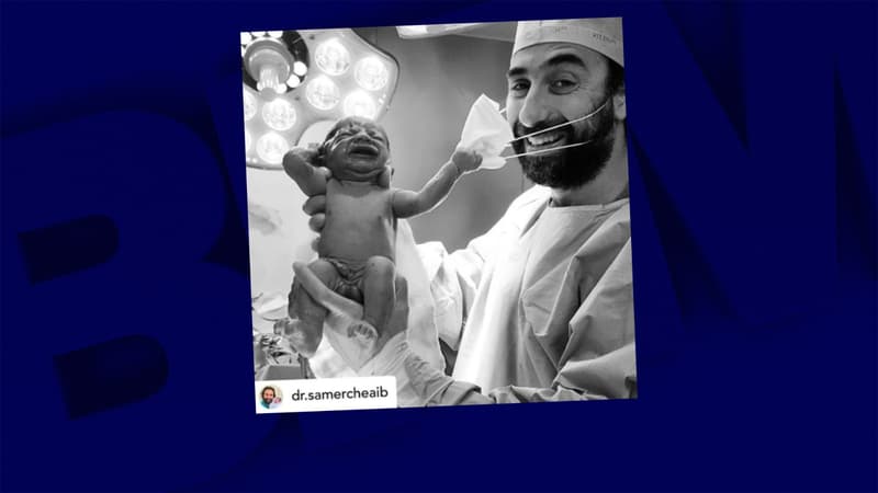 Un nouveau-né arrache le masque chirurgical du gynécologue libanais Dr Samer Cheaib, à Dubaï.