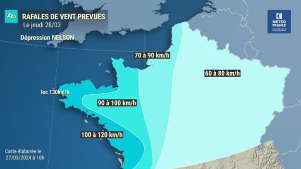 D'importantes rafales de vent attendues en France le jeudi 28 mars 2024.