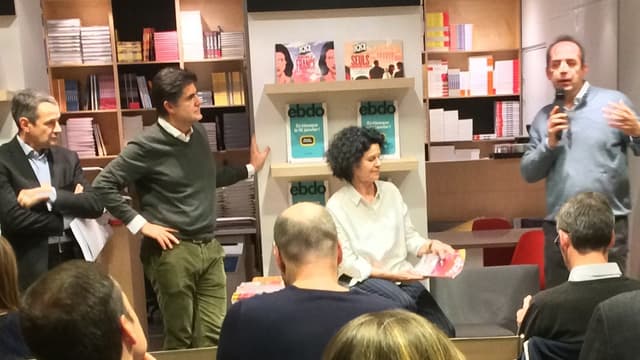 Thierry Mandon, Laurent Beccaria, Constance Poniatowski et Patrick de Saint Exupéry lors du lancement
