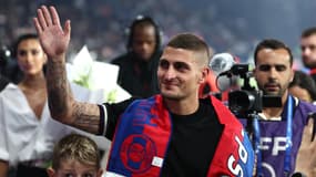 Marco Verratti pour son tour d'honneur lors de ses adieux au Parc le 15 septembre 2023