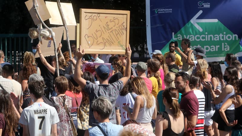 Des manifestants contre le pass sanitaire, samedi 17 juillet 2021 à Perpignan