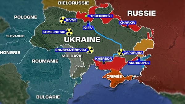 Position des quatre centrales nucléaires en fonction en Ukraine, et de l'avancée des troupes russes sur ce territoire, au 4 mars 2022