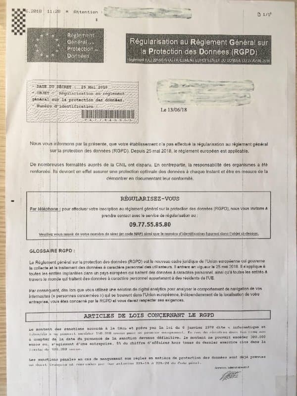 Un fax non signé invitant à une mise en conformité avec le RGPD. 