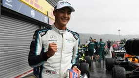 La joie du Britannique George Russell (Williams), 2e temps des qualifications du GP de F1 de Belgique, le 28 août 2021 à Spa-Francorchamps  