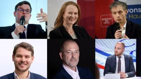 Arnaud Deslandes, Roger Vicot, Stéphane Baly, Violette Spillebout, Louis Delemer et Matthieu Valet, candidats déclarés et pressentis à la mairie de Lille en 2026.