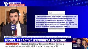 Motion de censure: "On vote pour l'intérêt des Français. Les provocations de la gauche et de l'extrême gauche ne m'intéressent pas", affirme Jean-Philippe Tanguy (RN)