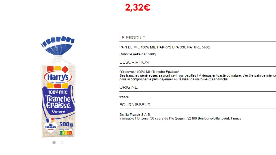 2,32 euros le paquet de pain de mie chez Casino. 