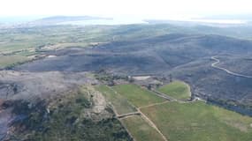 Des images aériennes des dégâts de l'incendie de Frontignan dans l'Hérault le 19 août 2024