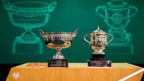 Les trophées pour les vainqueurs des tournois masculins et féminins de Roland-Garros, lors du tirage au sort, en mai 2023.