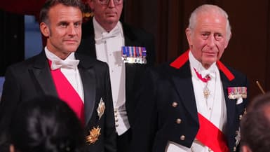 Le roi Charles III de Grande-Bretagne et le président français Emmanuel Macron assistent à un banquet d'État au château de Windsor, à l'ouest de Londres, le 8 juillet 2025.