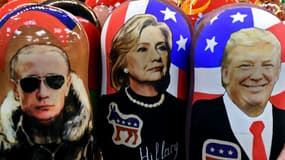 Poupées russes à l'effigie du président russe Vladimir Poutine et des deux candidats à l'élection présidentielle américaine, Hillary Clinton et Donald Trump